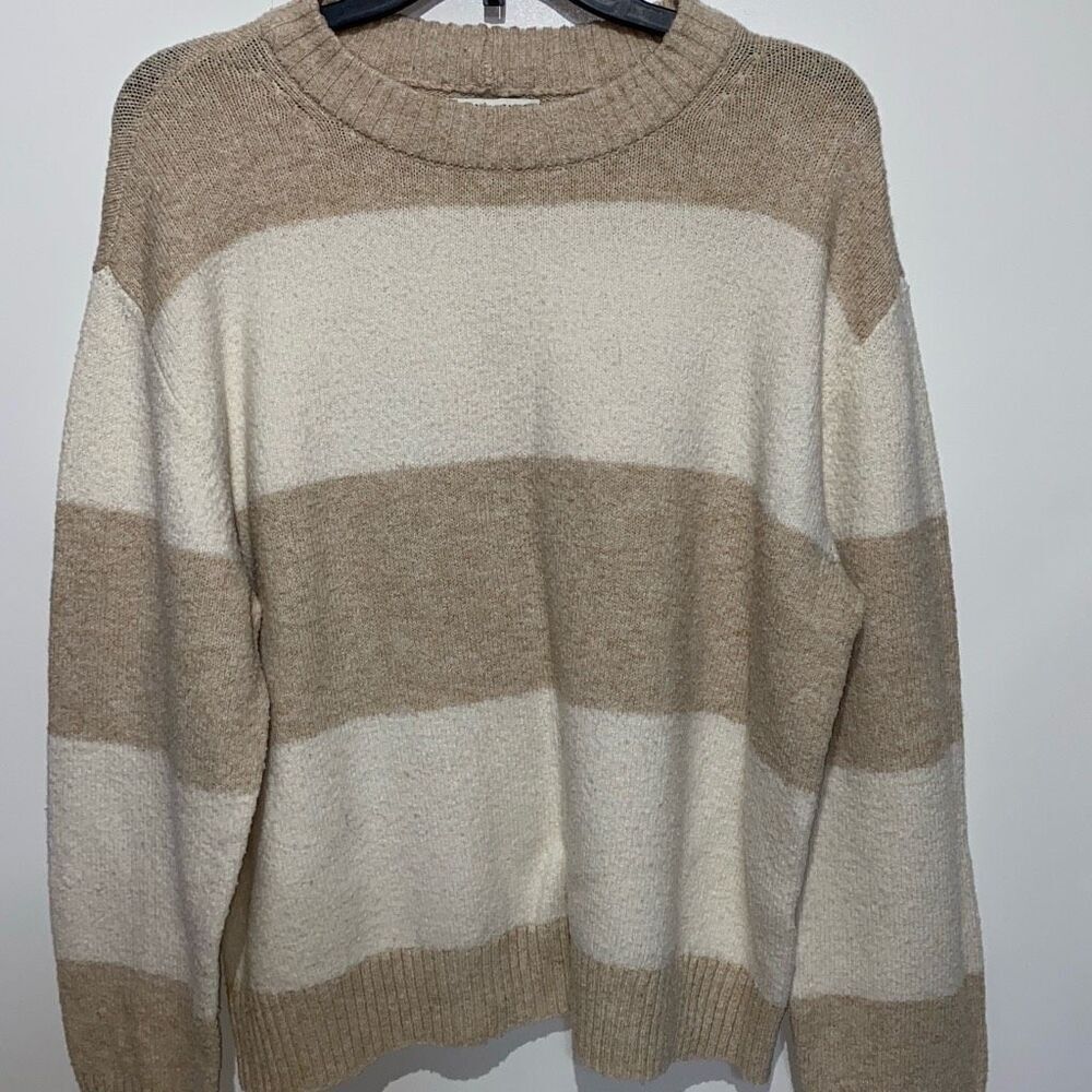 American Eagle Outfitters Women's Tan White Striped Knit Pullover Sweater Medium
